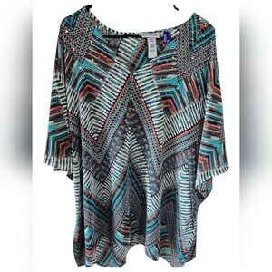 Catherines Multicolor Geometric Chevron Print Poncho Blouse Kimono Top 1X